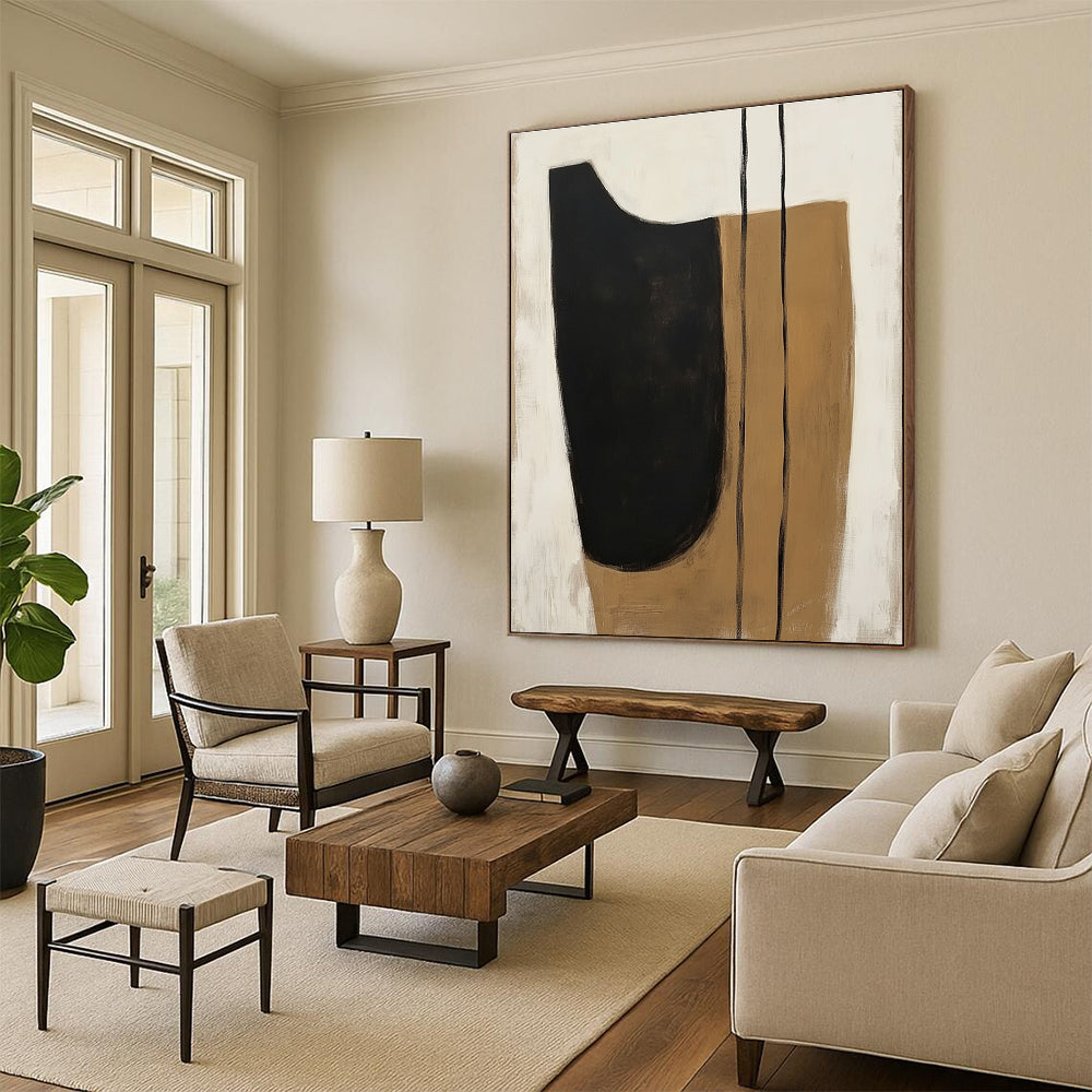 Black and Beige Minimalist Abstract Painting with Flowing Shapes GER225