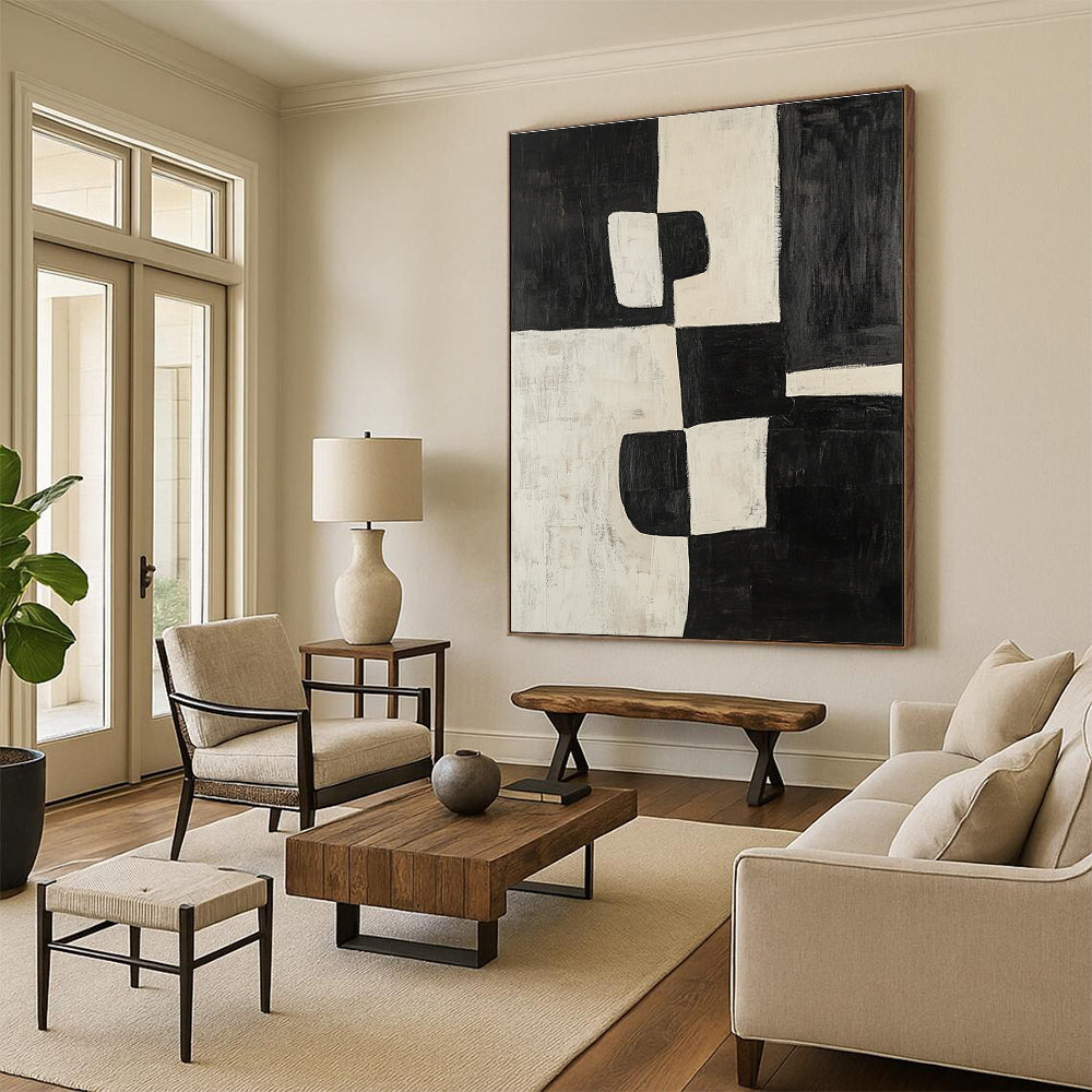 Black and White Abstract Painting with Textured Blocks GER669