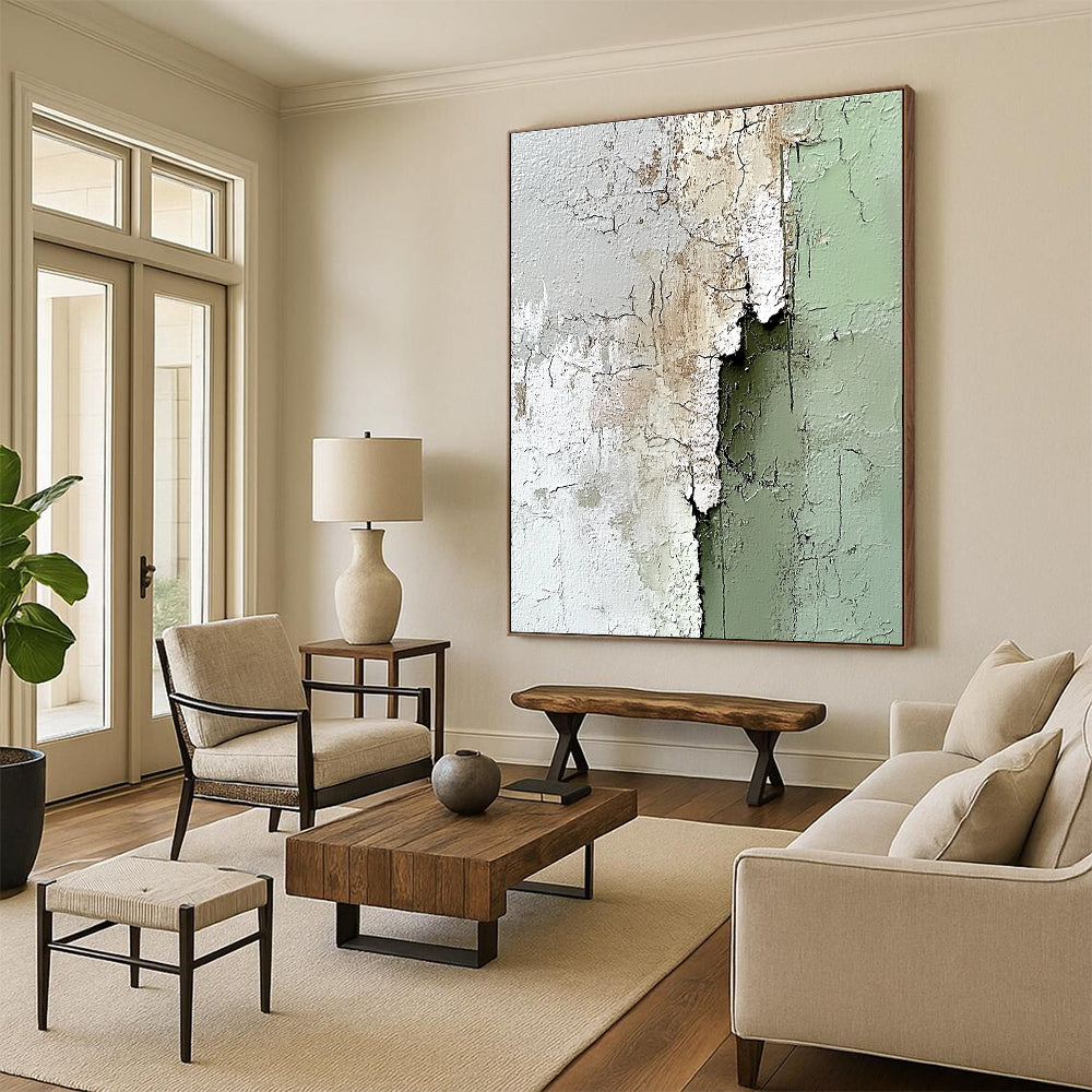 Large abstract painting with impasto texture in sage green and white showcasing peeling paint details for a unique artistic touch.STSC384