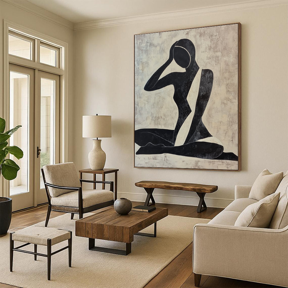 Large abstract painting of a woman doing yoga featuring simple shapes and lines in black and white against a dark clean background.STSC012
