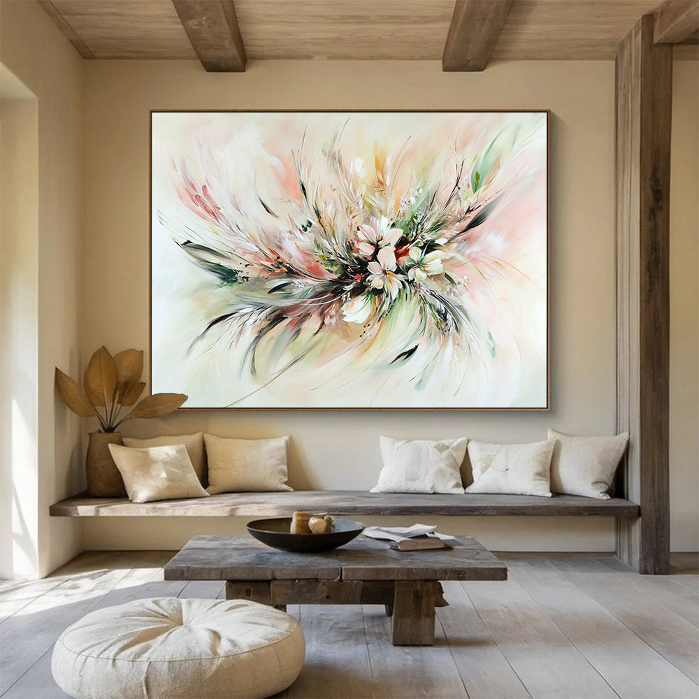 A large abstract painting featuring soft pastel floral arrangements with feathers and leaves, showcasing swirling patterns and expressive brushstrokes for depth and emotion.SC555