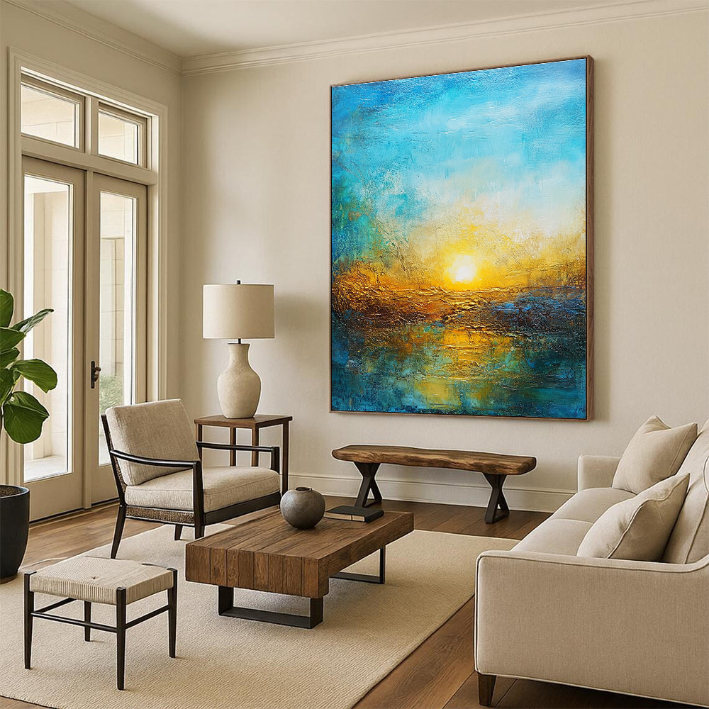 Large abstract painting featuring a vibrant sunset in golden hues and deep blues over a textured landscape symbolizing new beginnings and hope.STSC200