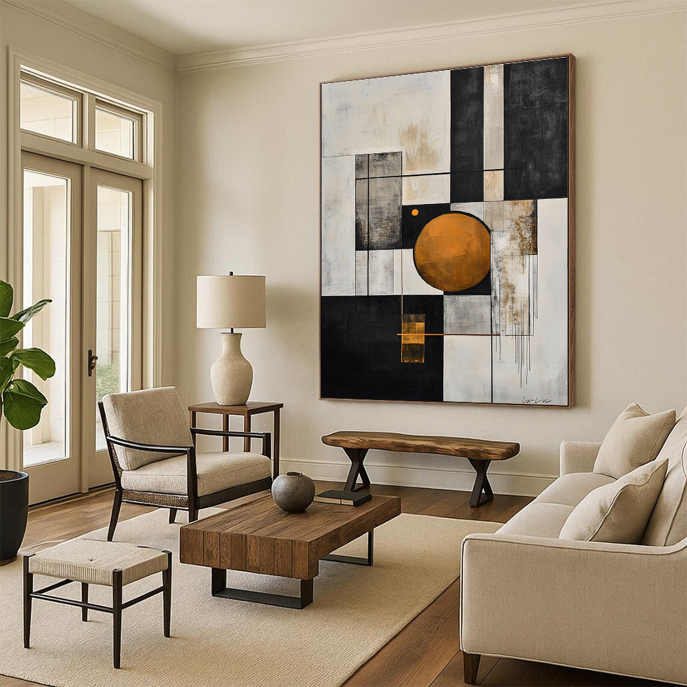 Large abstract painting in black and white with an orange circle and geometric shapes features a gray line and exquisite details on textured canvas.STSC207