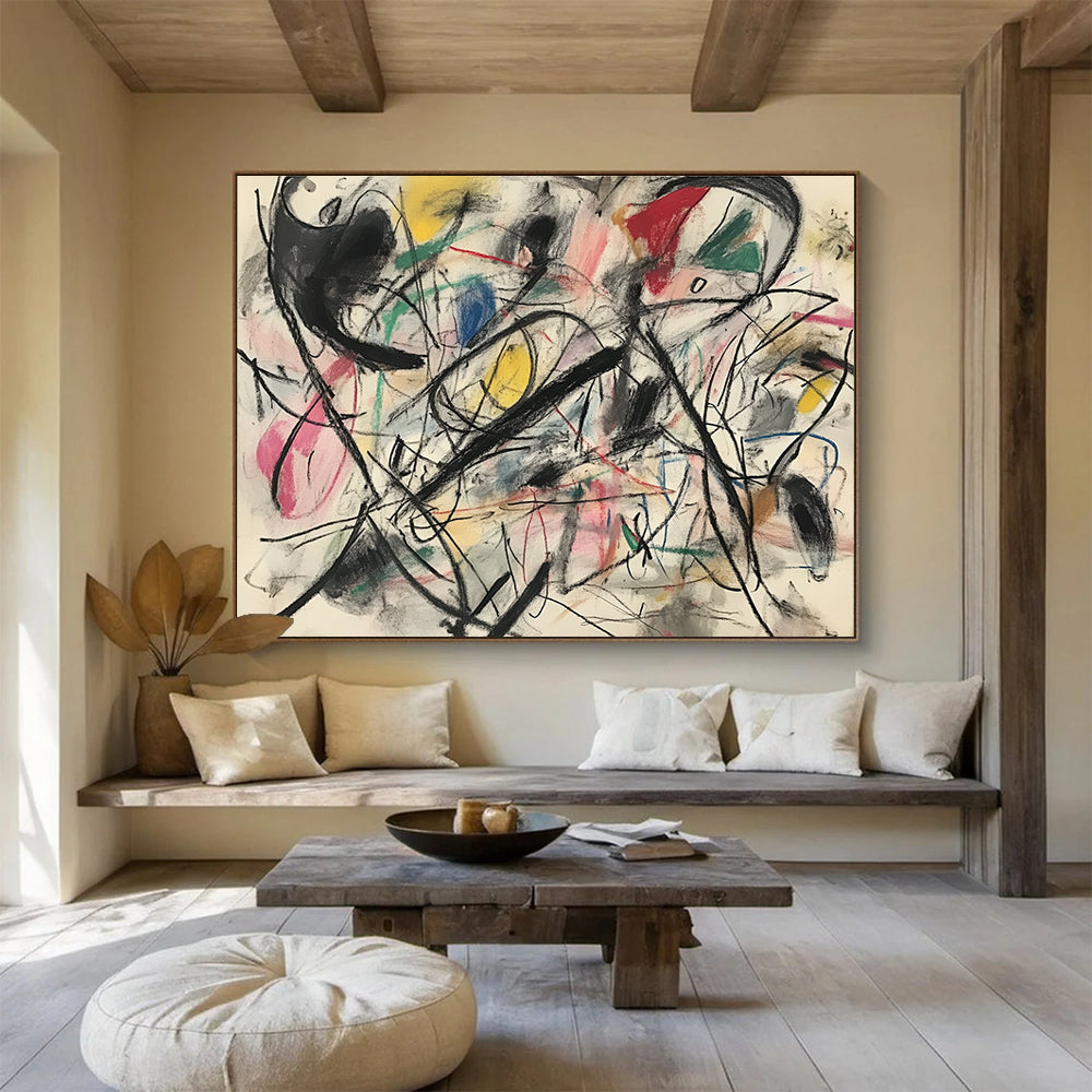 A large abstract painting featuring chaotic movement and energy with bold muted colors creating an exciting composition of fast-moving shapes and lines.SC303