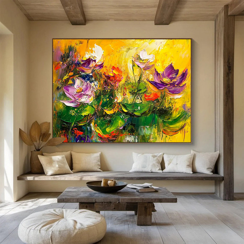 Large abstract painting featuring lotus flowers in green and purple on a yellow background with thick brush strokes and vibrant colors.SC195