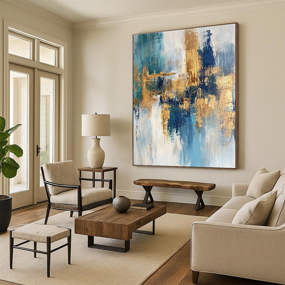 Blue and Gold Abstract Painting with Dynamic Strokes GER474