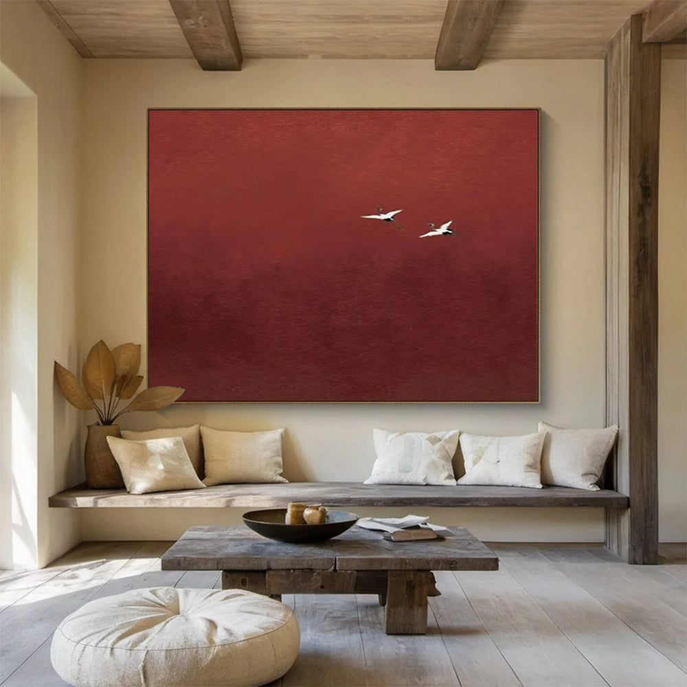 Red Crane Abstract Painting with Minimalist, Serene Beauty THY389