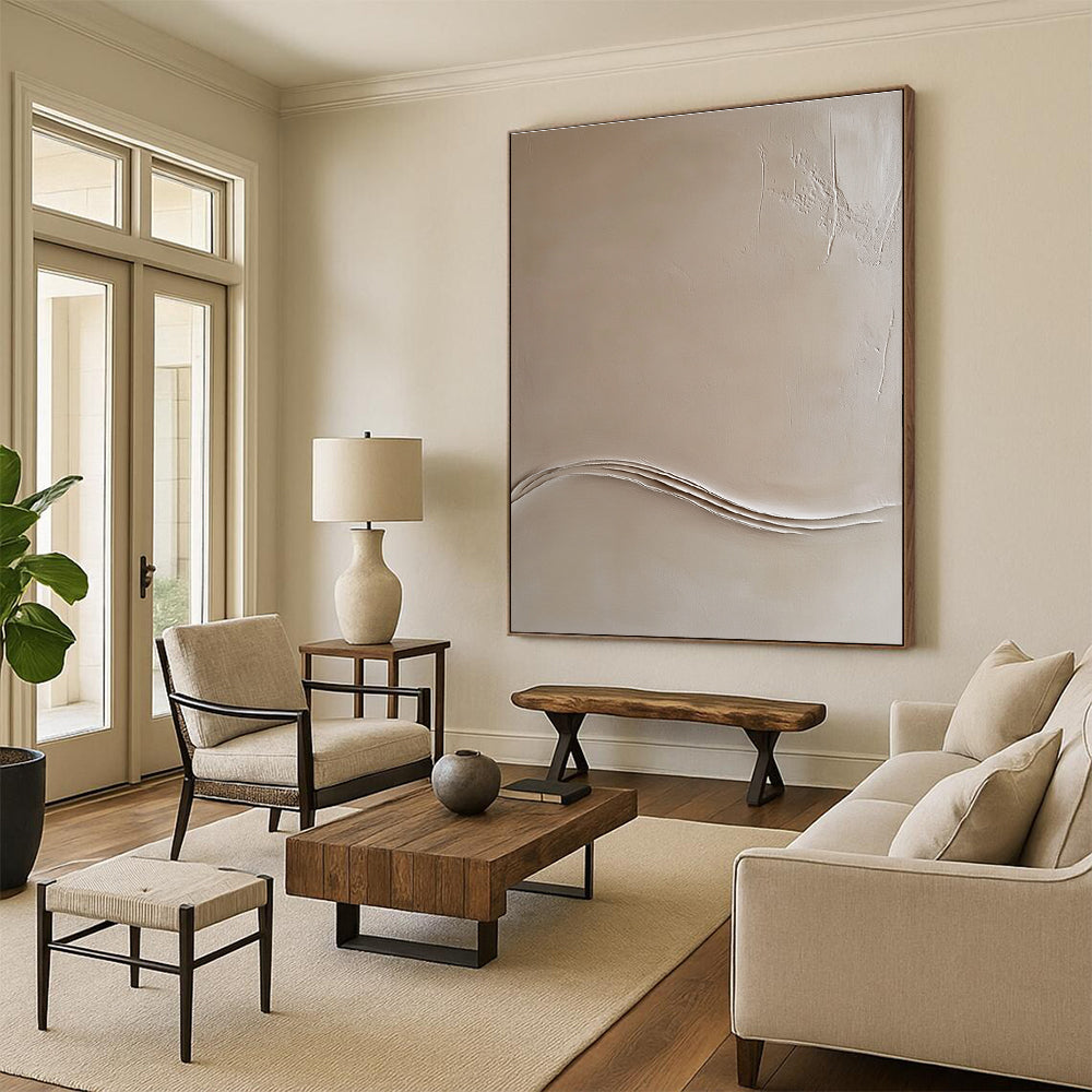 Abstract drawing featuring a beige wall with thin lines and an embossed white wave contour in the top right corner.STSC548