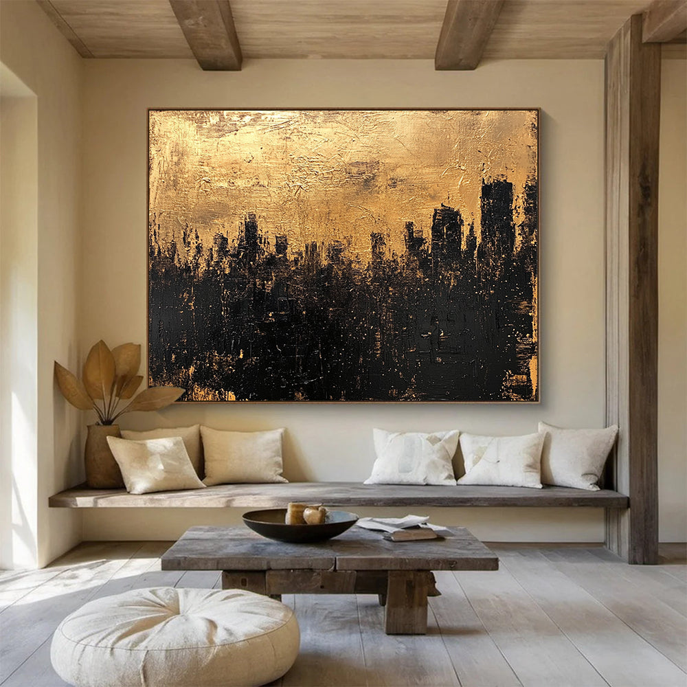 Gold and Black Cityscape Abstract Painting with Textured Layers DYP302