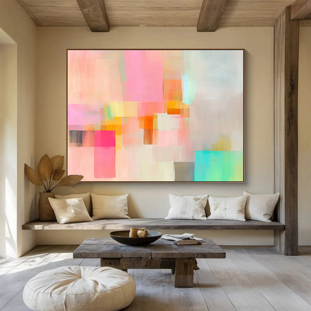 An expansive abstract painting featuring soft pastel colors and fluid geometric shapes creates a dreamy atmosphere of movement and calmness.SC302