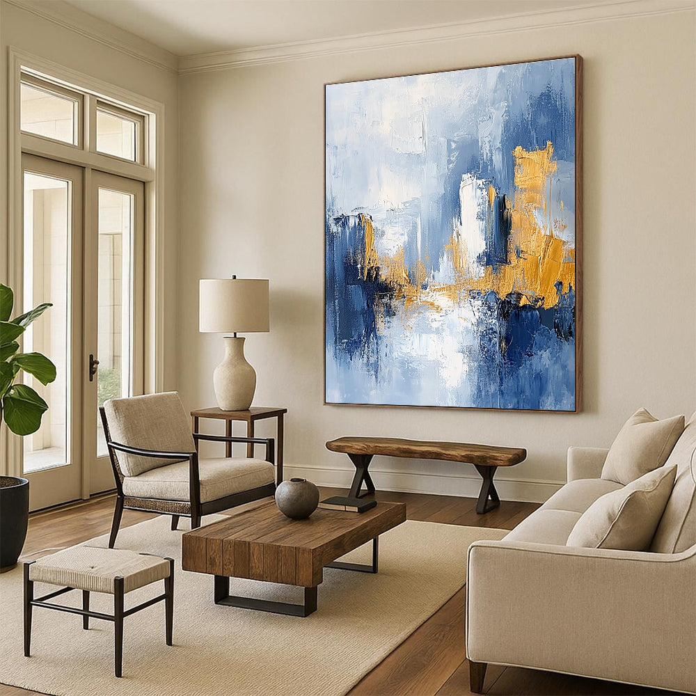 Sky Blue and Gold Abstract Painting with Urban Skylines GER378