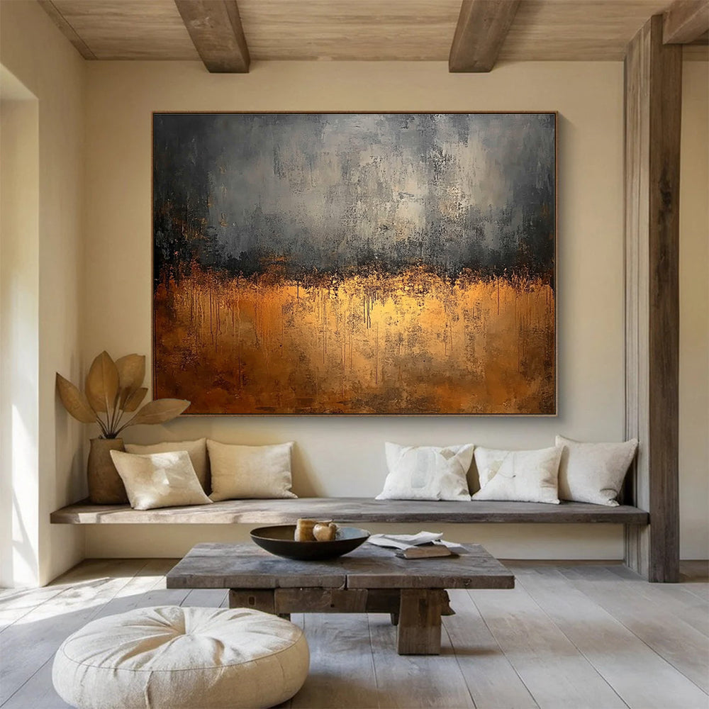 Large abstract painting featuring gray and brown tones with a dark background and golden metal surface highlighting rusty steel elements.SC146