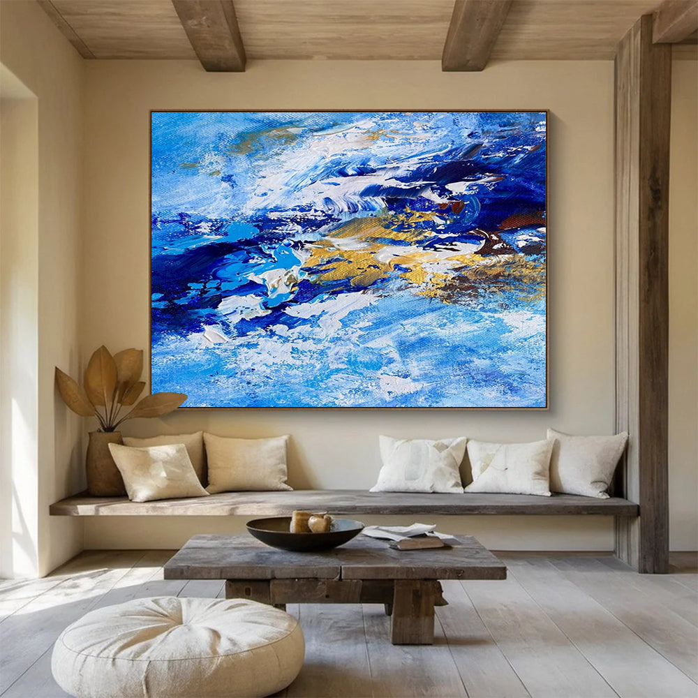Blue Gold Abstract Painting with Ocean Wave Motifs THY345