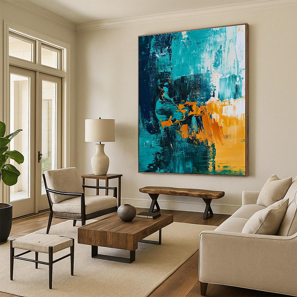 Large abstract painting of the ocean featuring teal and amber hues with expressive brush strokes for vibrant wall decor.STSC704