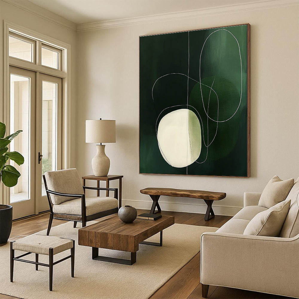 Large abstract painting featuring simple white and green shapes, an oval with delicate outlines, creating a serene and elegant atmosphere.STSC131