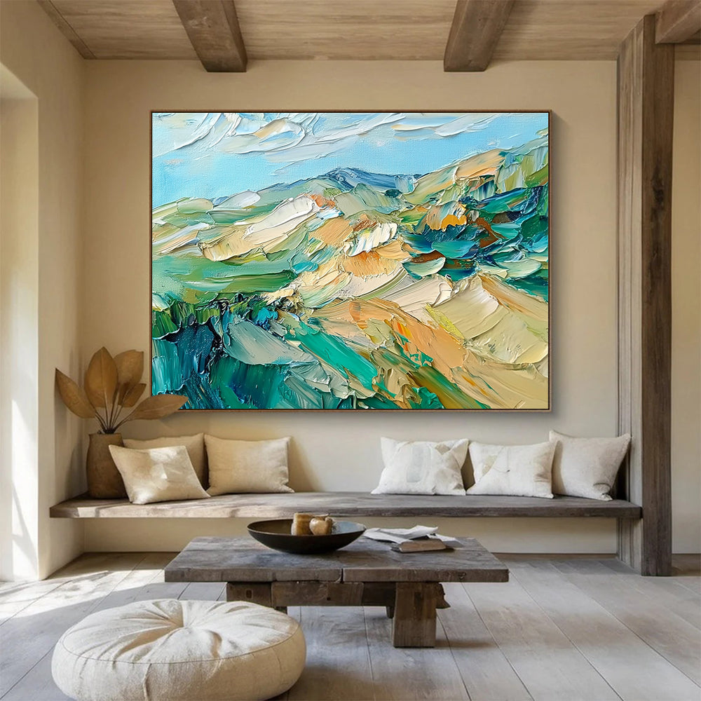 Textured Mountain Landscape Abstract Painting with Green Blue and Beige DYP287