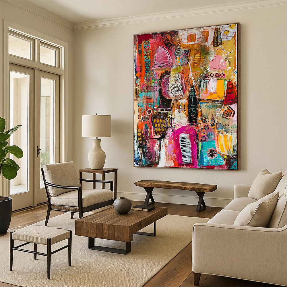 Large abstract painting featuring vibrant colors and dynamic shapes, showcasing lively patterns with diverse objects like books, instruments, and animals.STSC821