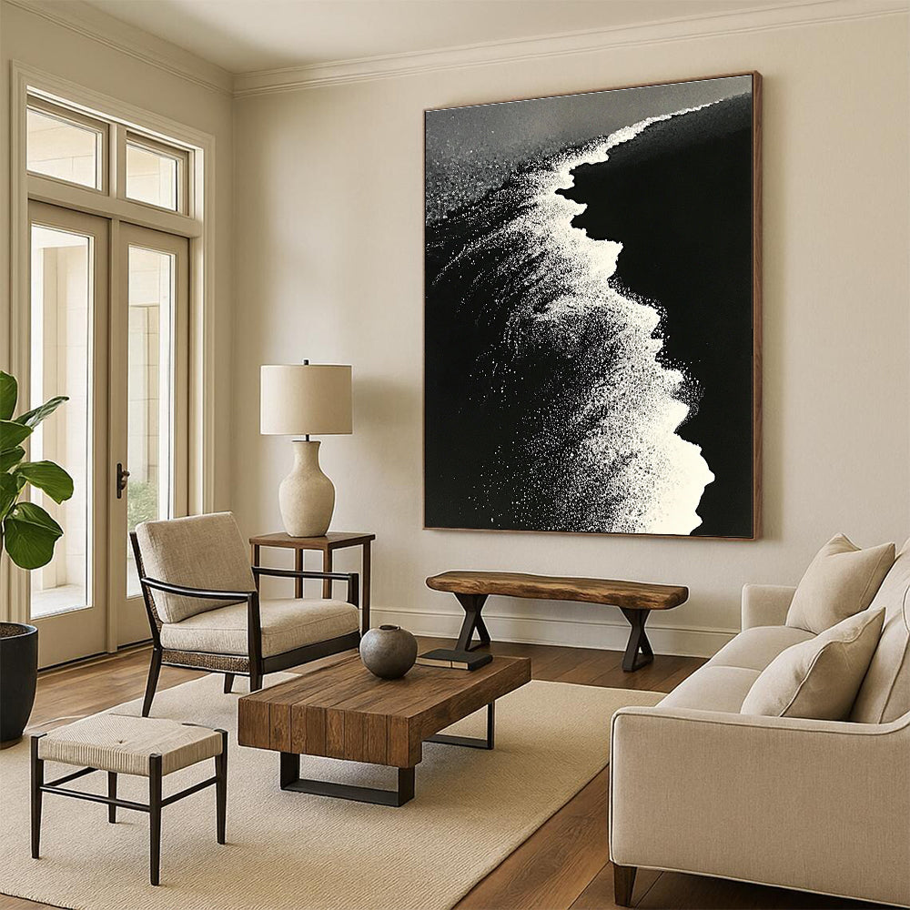 Large abstract painting of ocean waves blending into a white beach with contrasting black sand captured in a dynamic perspective.STSC1430