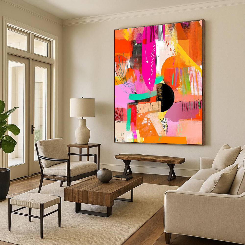 A large abstract painting featuring vibrant pink orange yellow green and black hues with dynamic shapes textures and patterns for modern decor.STSC1222