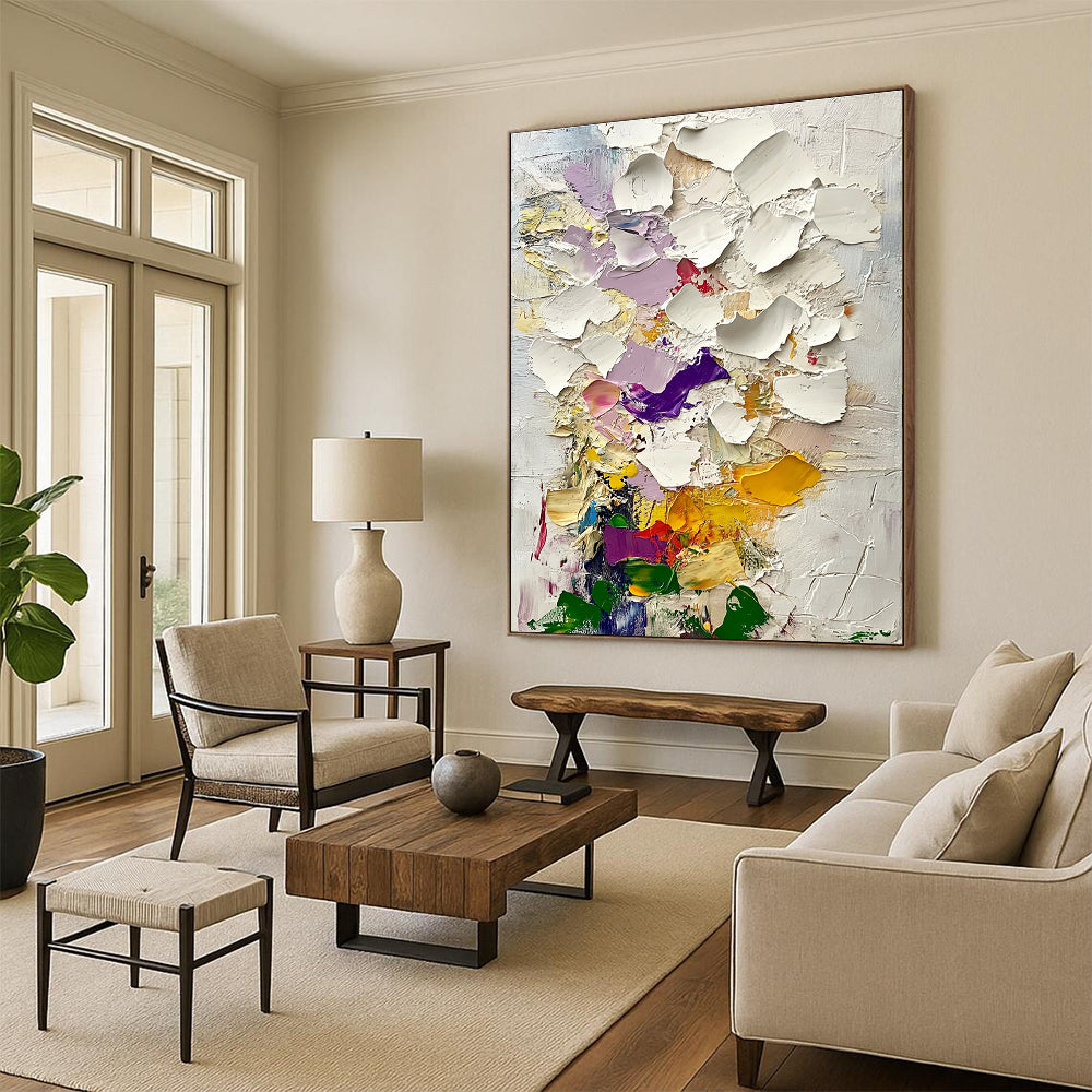Large abstract painting of textured clouds in pinks purples and yellows with green leaves inspired by Gustav Klimt's style.STSC364