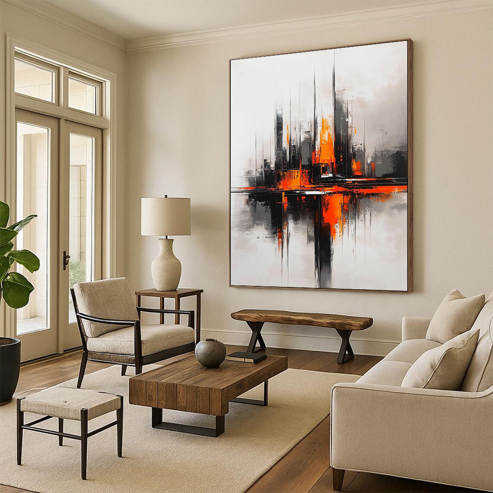 Abstract painting of a futuristic cityscape in grey and orange tones inspired by Richard Anderson's style.STSC285