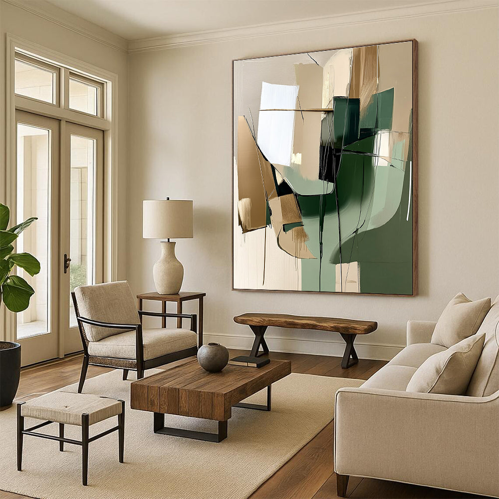 Green and Beige Abstract Painting with Dynamic Lines GER442