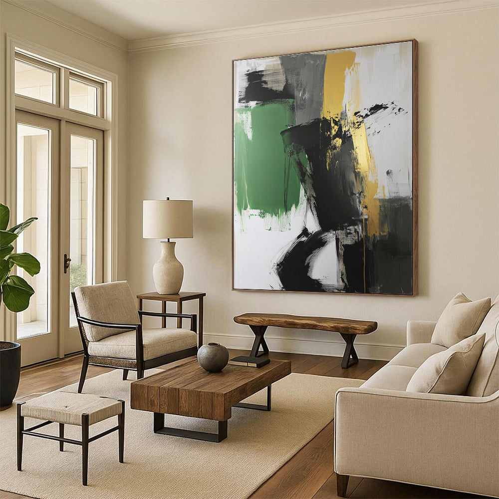 Black Green and Gold Abstract Painting with Bold Contrasts GER527