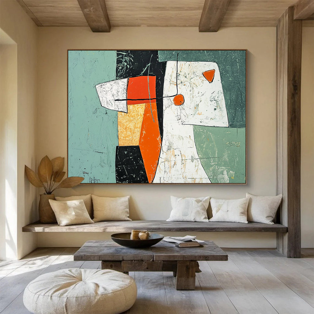 Large abstract painting featuring green orange and white shapes with black lines and a woman's figure made from paper and fabric elements.SC198