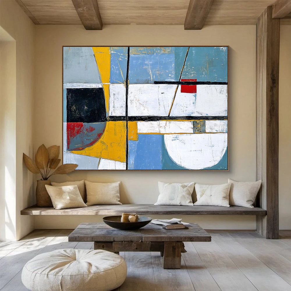 An abstract painting featuring white, blue, and grey shapes enhanced with yellow and red accents in the style of Paul Cézanne.SC391