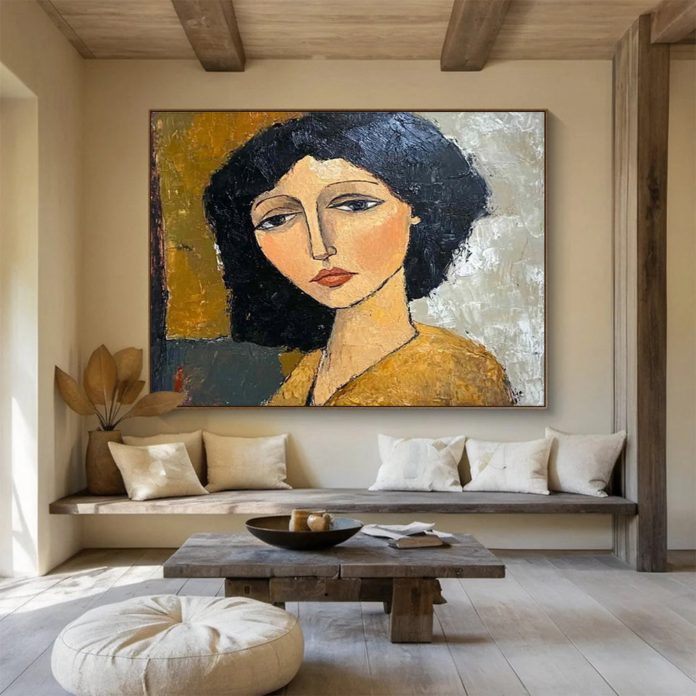 Stylized Portrait Abstract Painting with Simplified Forms and Earth Tones THY248