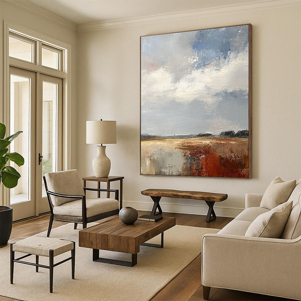 Large abstract painting featuring a white sky grey and brown clouds over the English countryside in muted colors and textured brushwork.STSC172