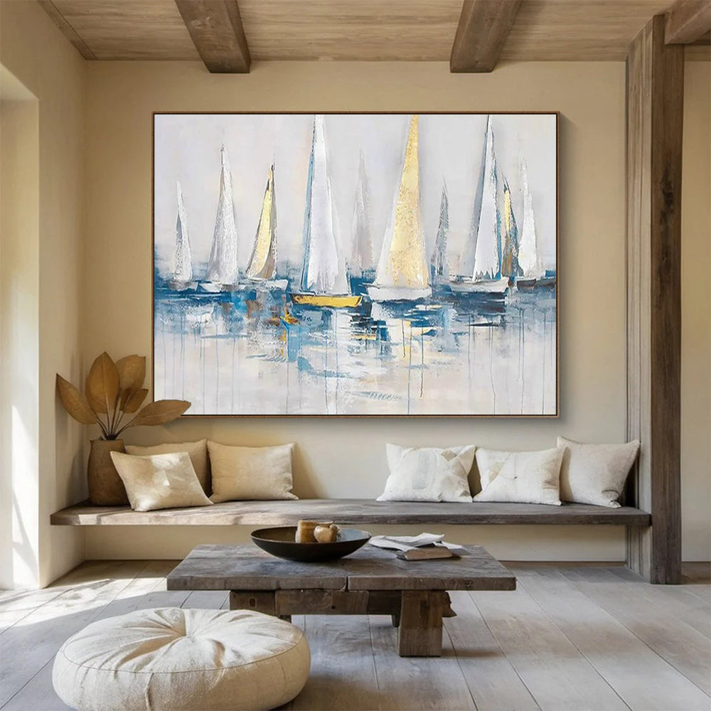 Sailboats on Water Abstract Painting with White, Gold, and Blue THY259