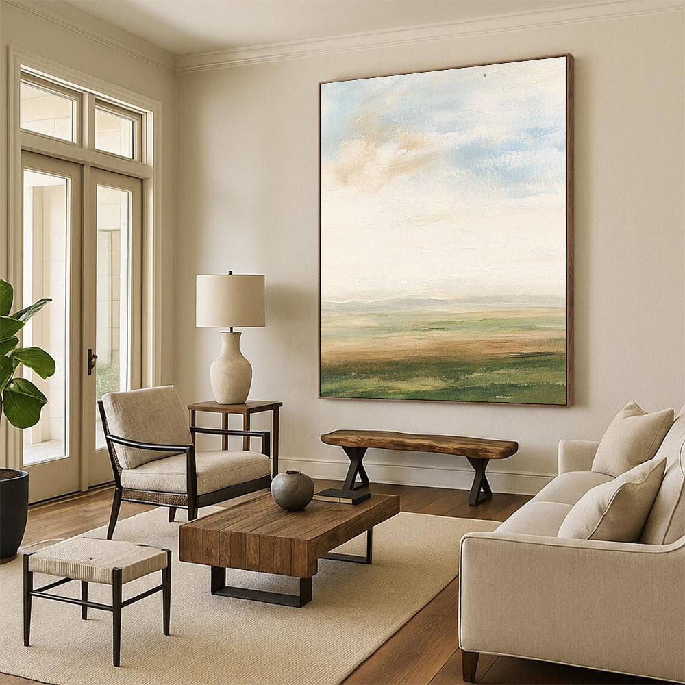 Abstract watercolor painting of an English landscape featuring soft clouds grassy fields muted colors and impressionist brush strokes.STSC497