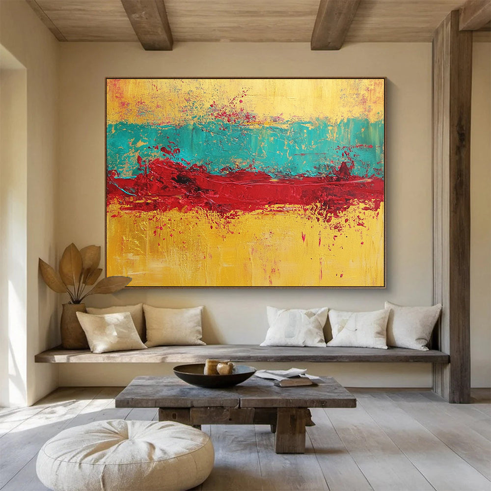 Gold Teal Red Abstract Painting with Textured Layers DYP428