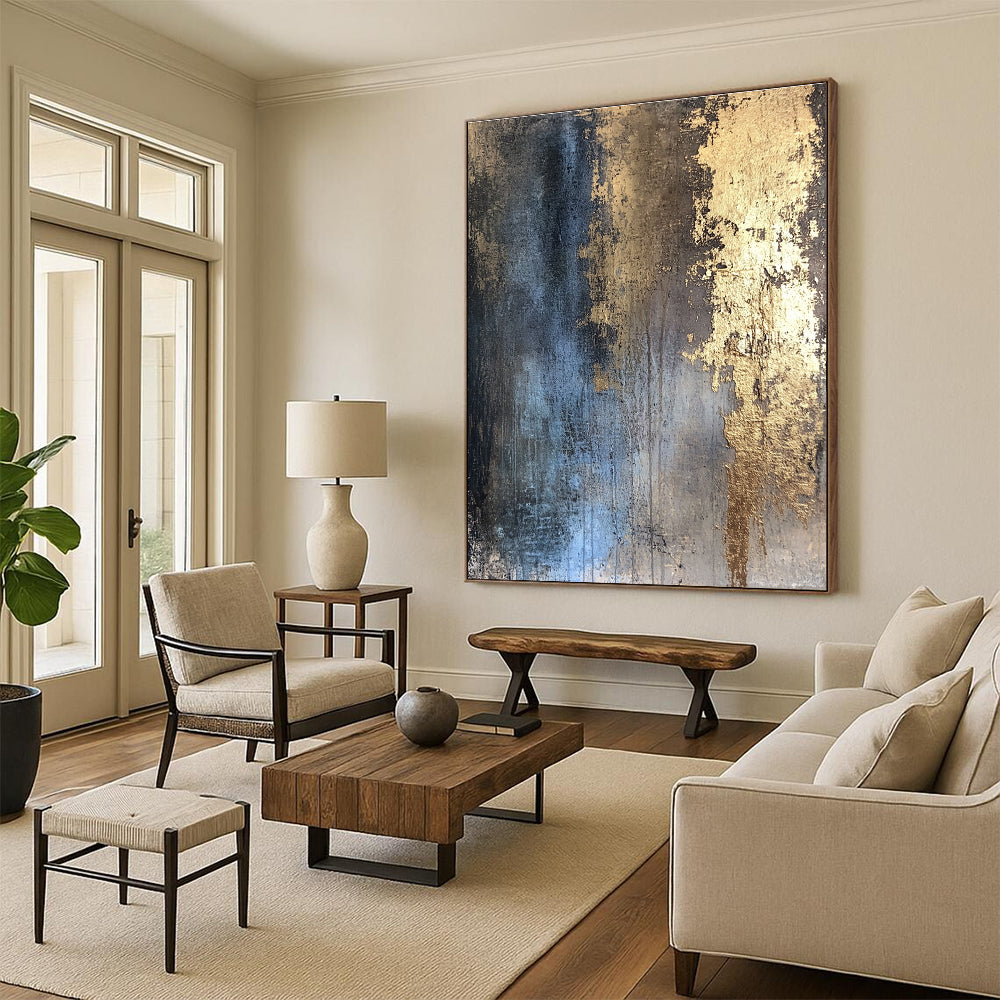 Blue and Gold Abstract Painting with Elegant Color Fusion GER094
