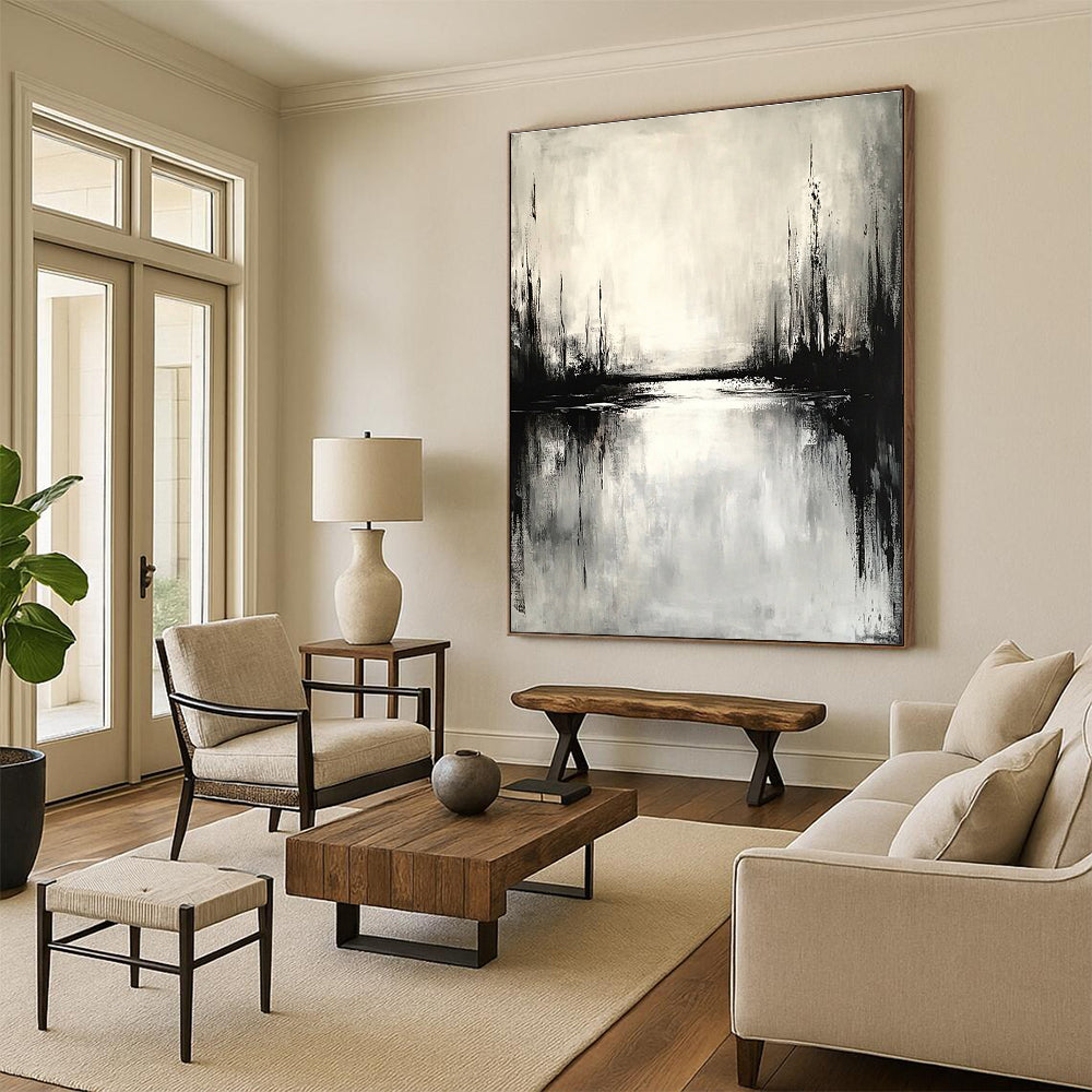 Large abstract painting depicting an overcast landscape with water reflections in muted tones evoking calmness and simplicity.STSC022