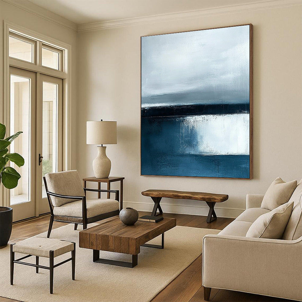 Monochrome Blue Abstract Painting with Textured Depths GER385