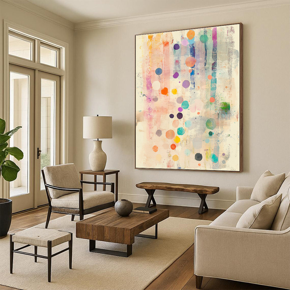 A large abstract watercolor painting featuring soft pastel colors with polka dots and delicate flowers evoking calmness and serenity.STSC1203