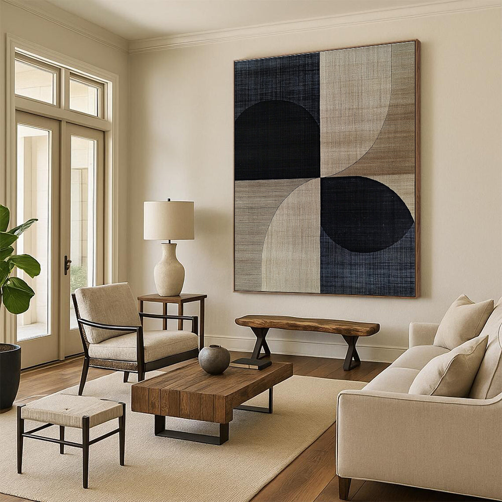 A large abstract painting featuring mid-century modern designs with black and beige shapes, wood grain texture, and subtle geometric patterns.STSC1318