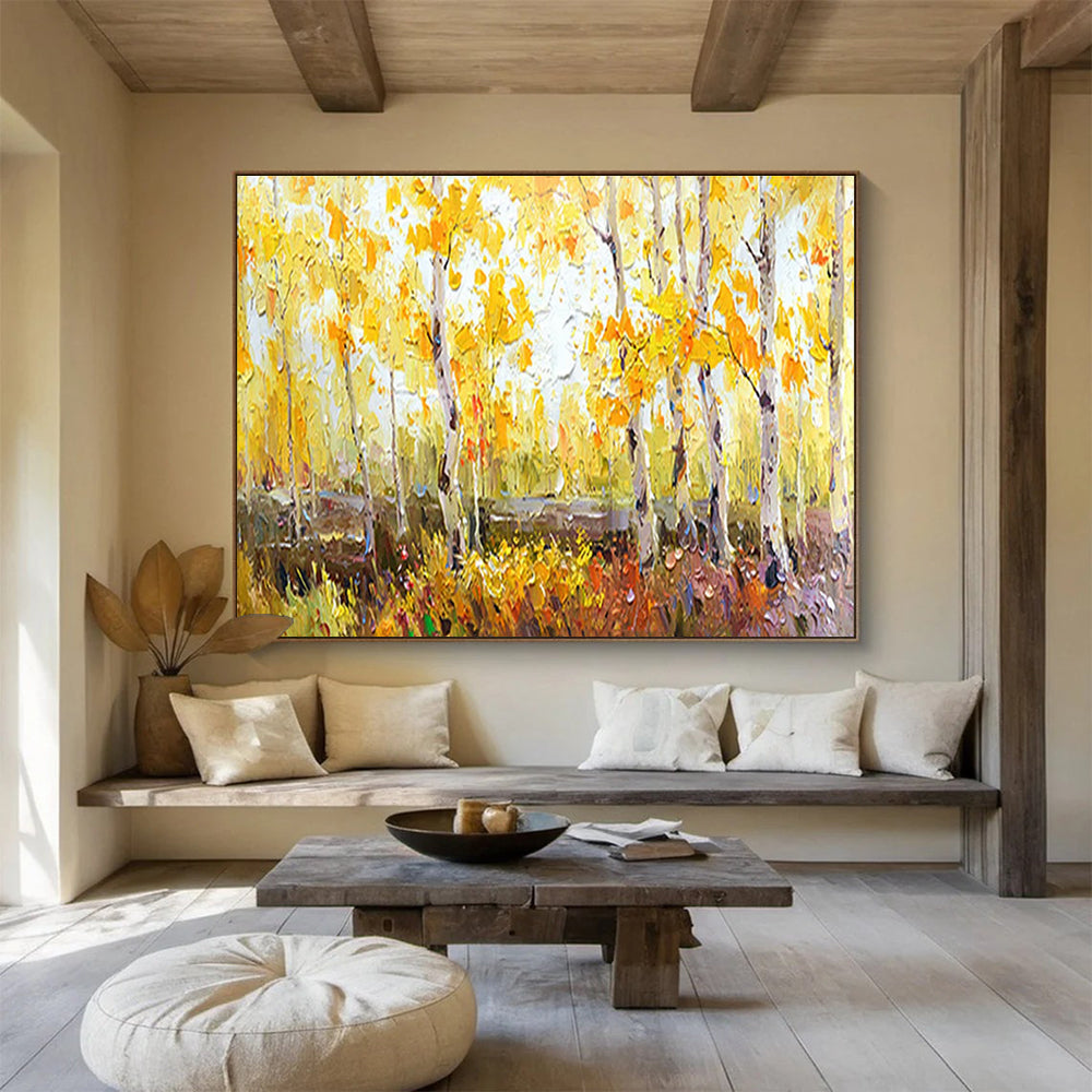 Autumn Birch Forest Abstract Painting with Yellow, Green, and Brown Tones THY212