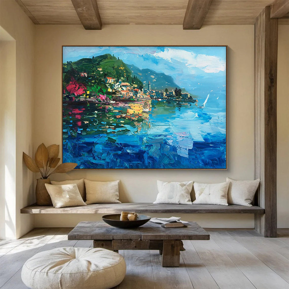 Blue Green Pink Lakefront Village Painting THY487