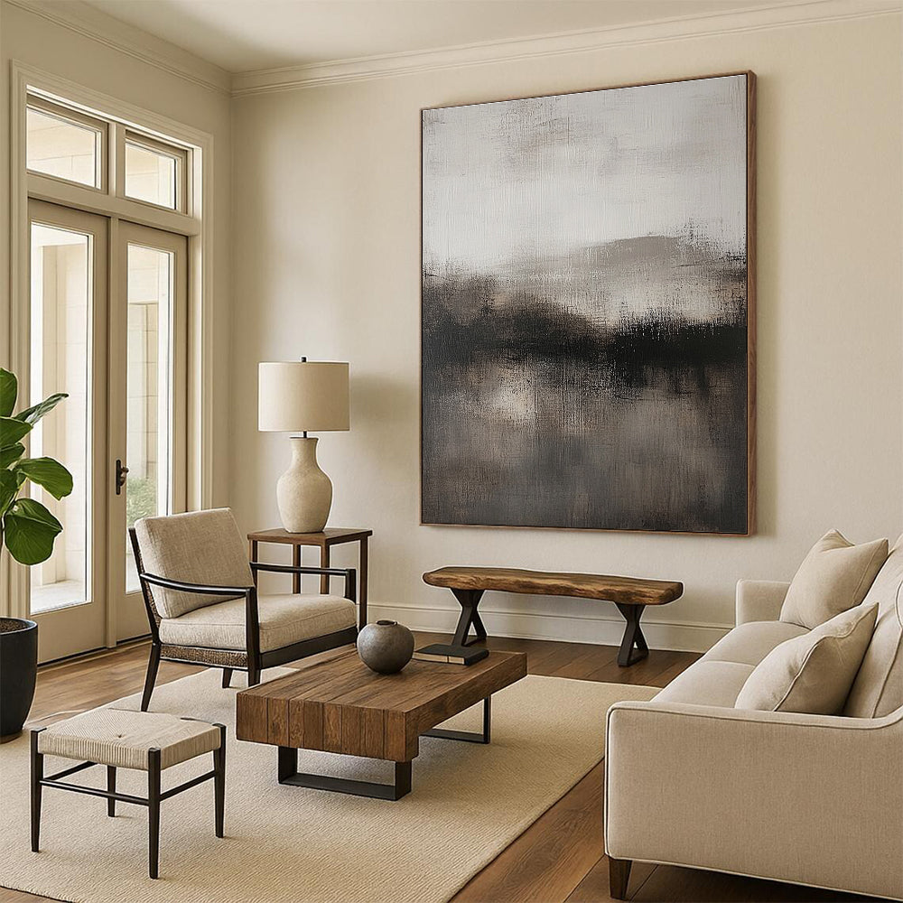 Large abstract artwork featuring neutral tones in gray and black with subtle textures for a sophisticated decor touch.STSC080