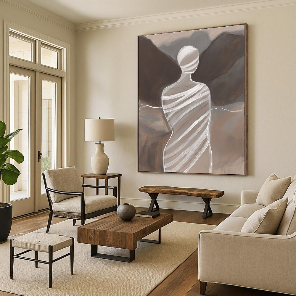 Large abstract painting featuring a faceless woman in striped fabric atop Mount Lao with delicate lines minimalist style and subtle color transitions.STSC1268