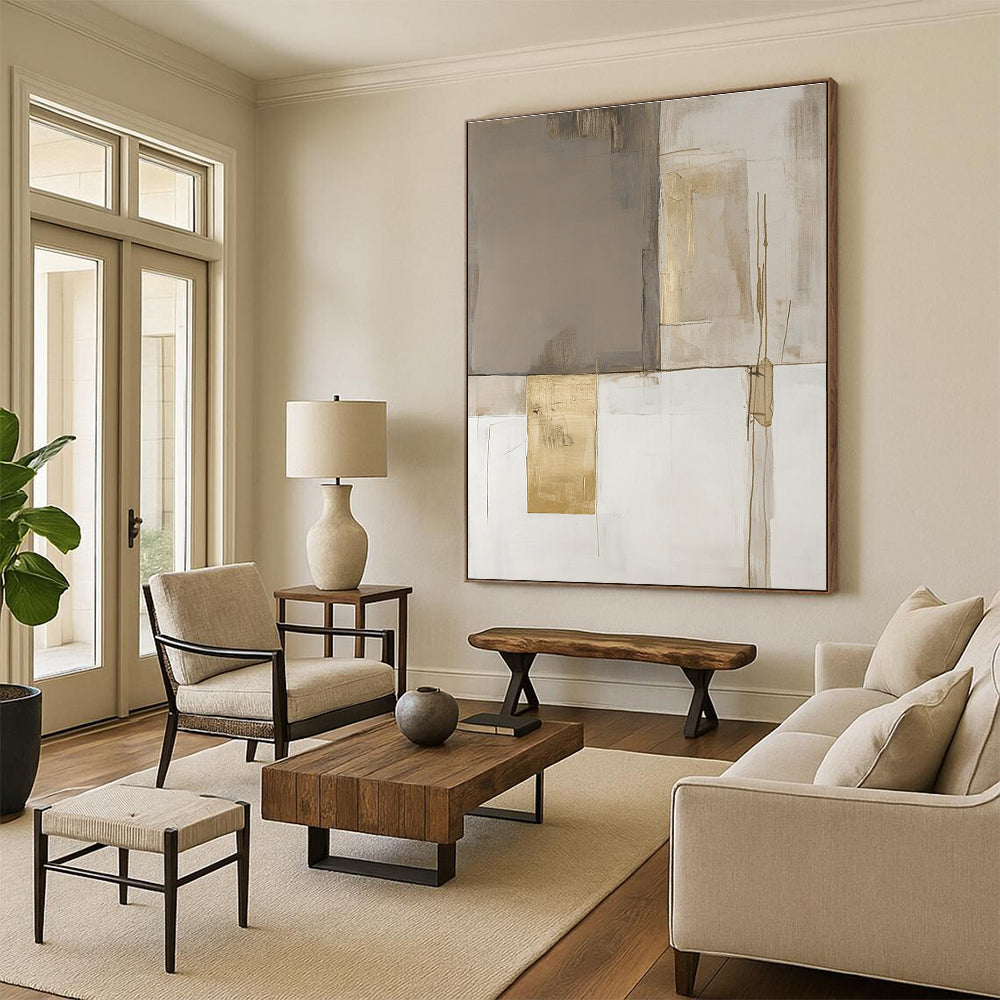 Large abstract painting in minimalist style featuring beige and white blocks with gold accents in soothing neutral tones.STSC245