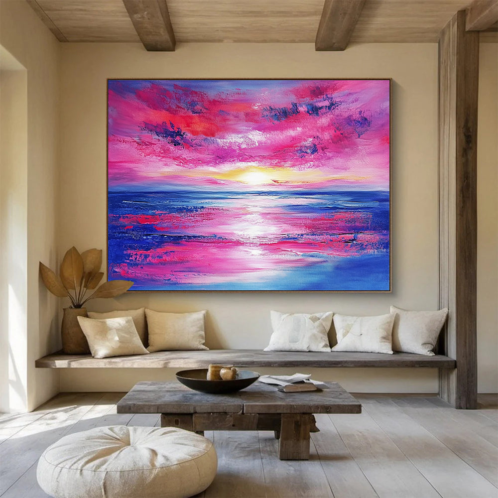Pink Sky and Sea Abstract Painting with Vivid Sunset Colors DYP128