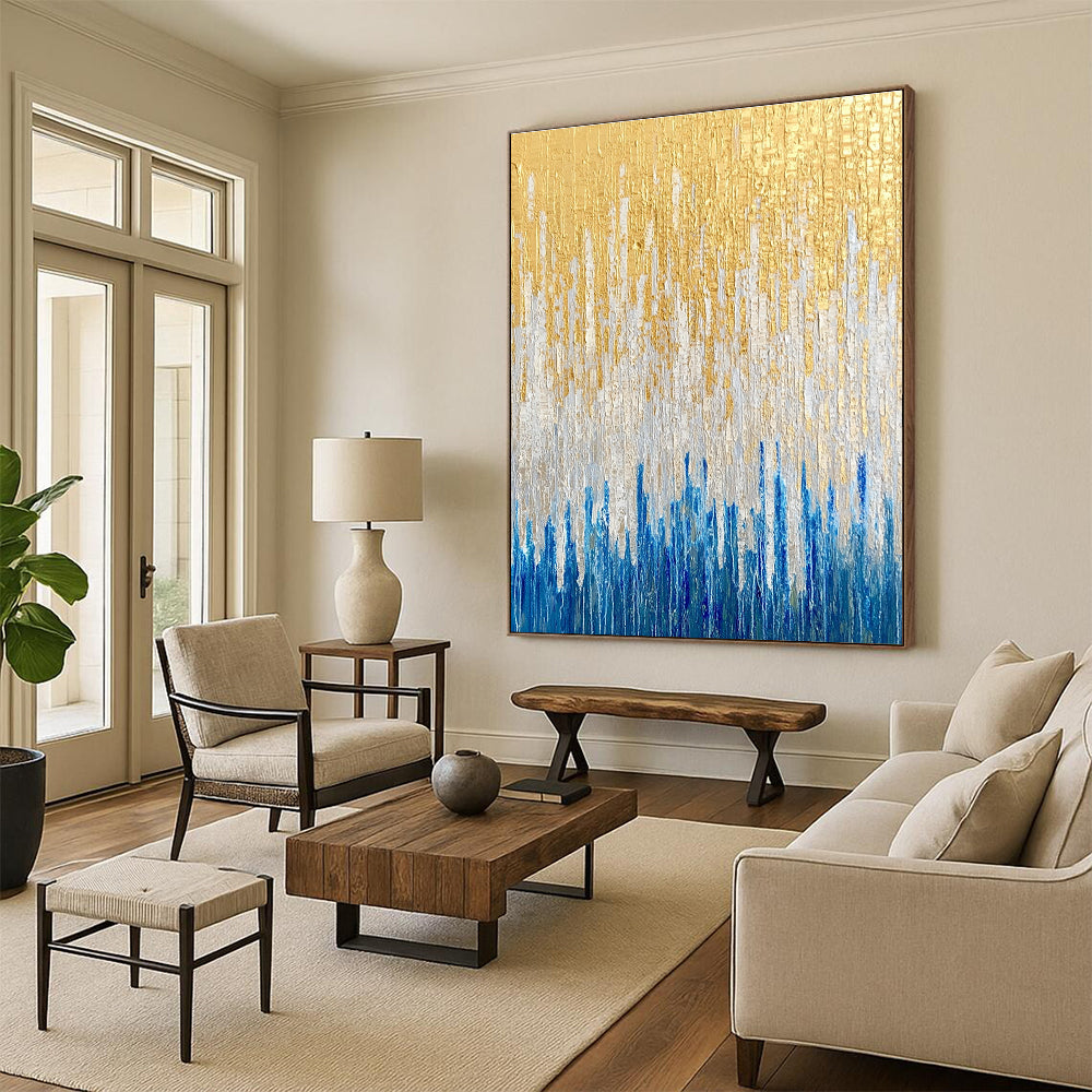 Large abstract oil painting featuring golden blue and white vertical lines against a textured neutral background.STSC163