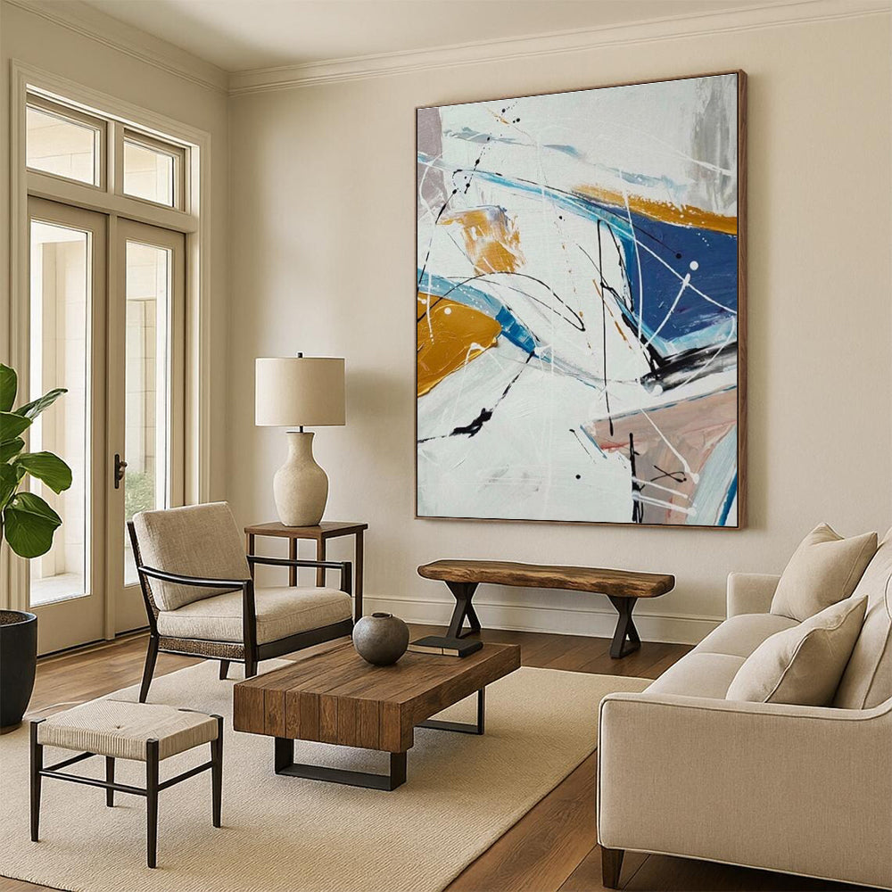 White Blue Yellow Black Abstract Painting ADGE049
