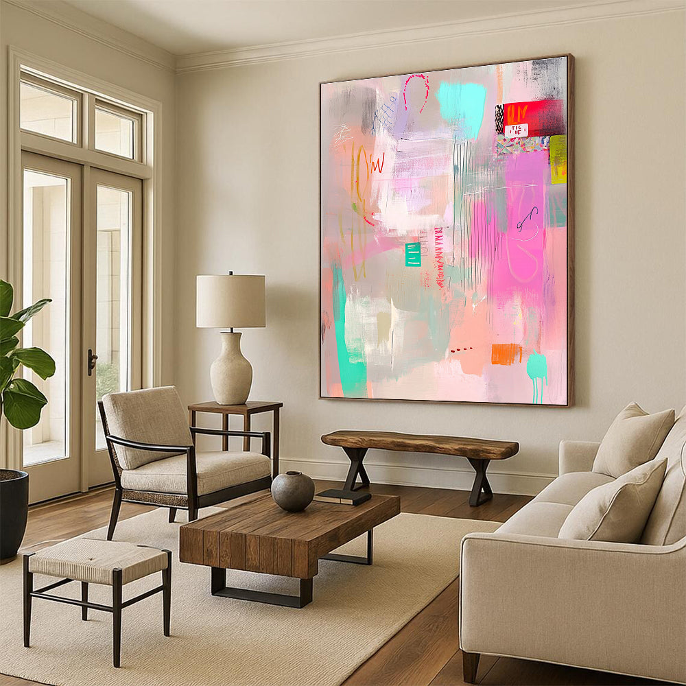 Large abstract painting in pastel pink aqua and lime green tones with soft brushstrokes layered with transparent elements and playful text.STSC1023