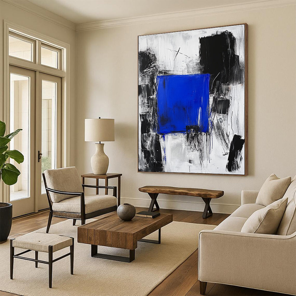 Blue Square in Black Gray Abstract Painting with Dynamic Background GER025