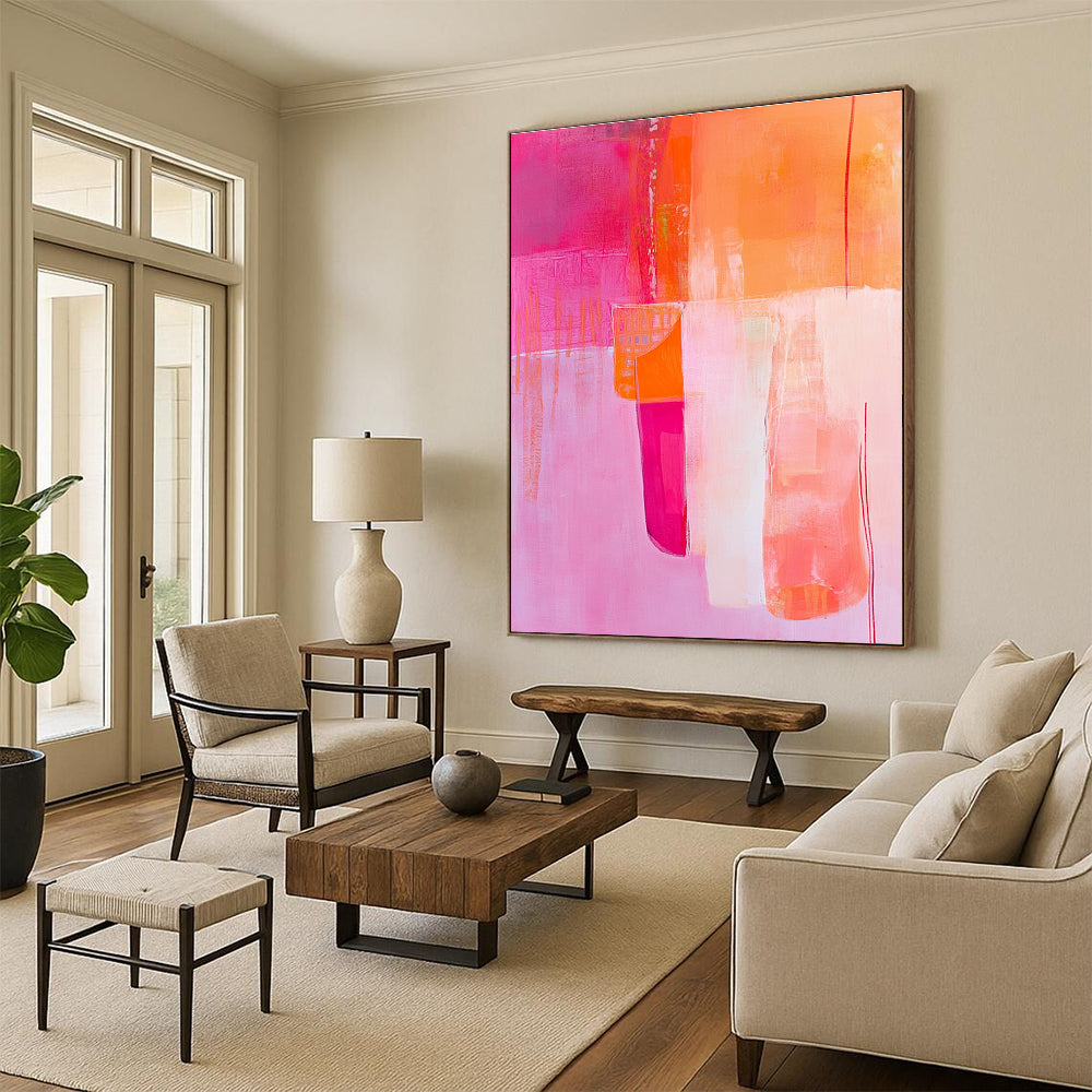 Large abstract painting featuring pink and orange tones with a textured background and playful paper cutout in the foreground.STSC785